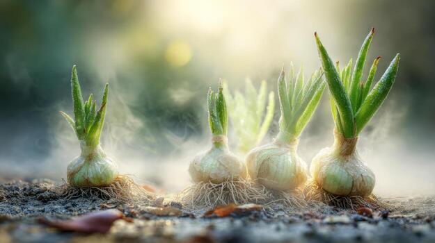 Fresh onion plants growing in soil with soft focus sunlight photo