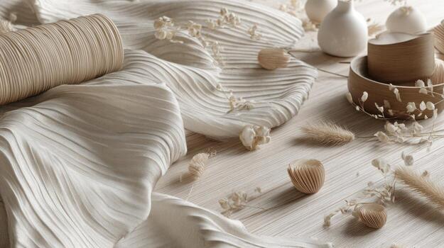 Elegant beige fabric arrangement with textured surfaces and decorative elements photo