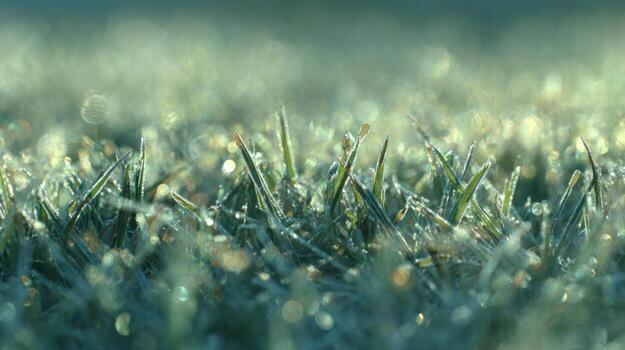 Close up of frosted grass blades in soft focus with bokeh effect photo