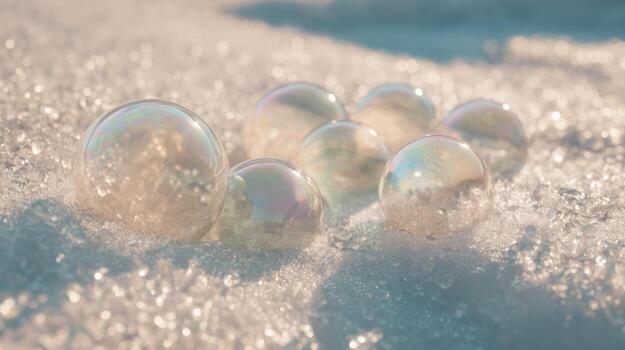 Transparent bubbles resting on sparkling white surface with warm light photo