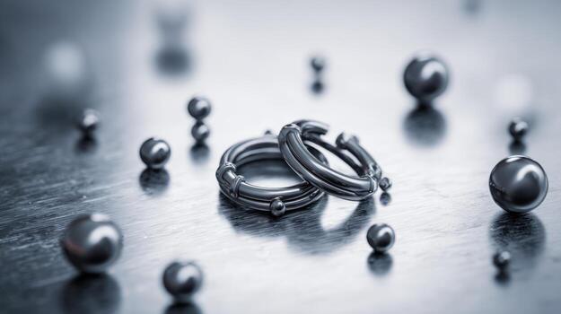 Metallic rings and spheres abstract composition on reflective surface photo