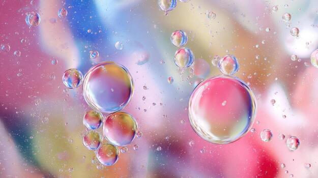 Abstract macro shot of colorful water bubbles on a blurry background photo