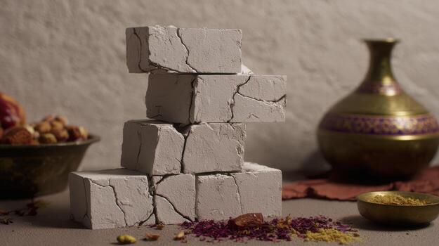 Stacked white bricks with antique vase on table for design and concept photo