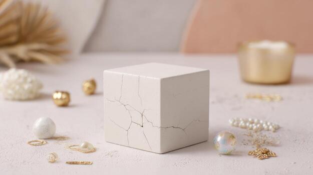 Elegant cube display with jewelry and decorative elements on a neutral background photo