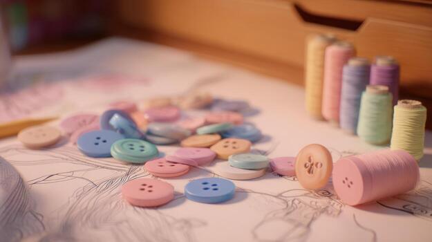 Colorful buttons and spools of thread on a light colored surface photo