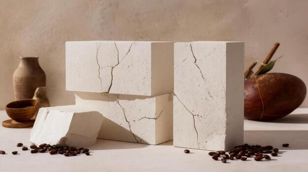 Abstract composition with geometric forms and organic elements on neutral surface photo