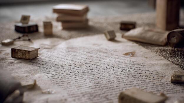 Vintage documents with books and objects on aged paper background photo