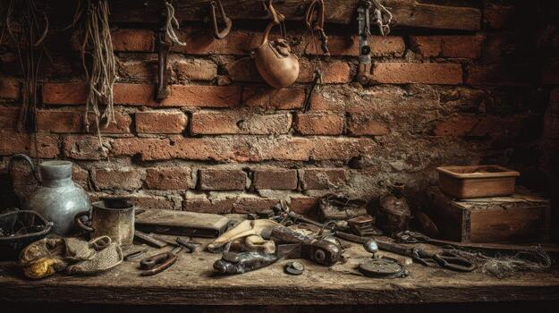 Rustic workshop scene with tools and brick wall photo