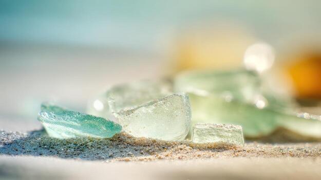 Close up of translucent sea glass fragments on sand with shallow depth of field photo