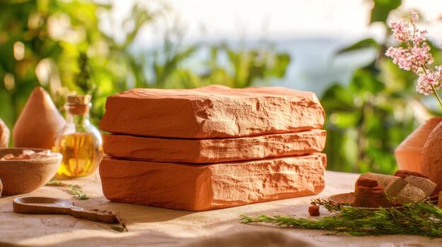 Stacked clay bricks on wooden table with garden background composition photo