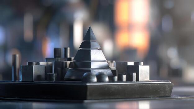 Geometric pyramid sculpture on metallic surface with blurred background photo