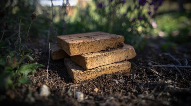 Stacked bricks in natural setting with blurred background and copy space photo