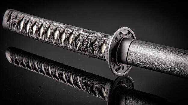 Close up of a katana sword handle with detailed texture and reflection photo