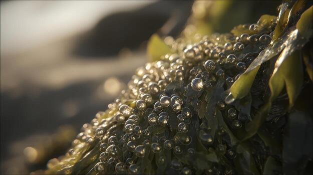 Close up of algae covered in bubbles with natural light background photo