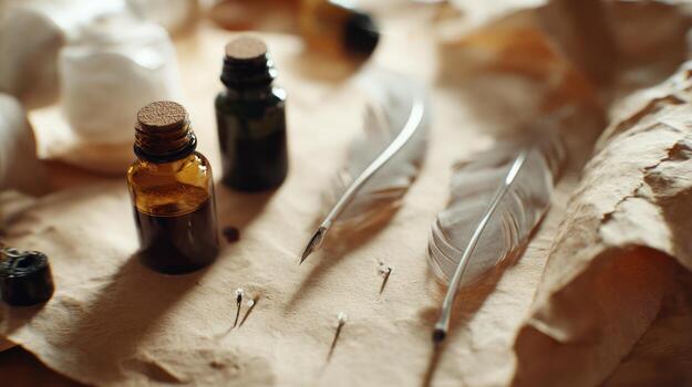 Vintage bottles and feathers on aged paper background still life photo