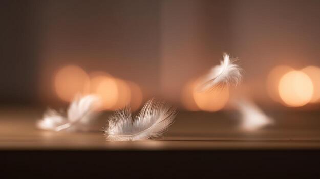 Delicate white feathers gently resting on a wooden surface with soft bokeh photo