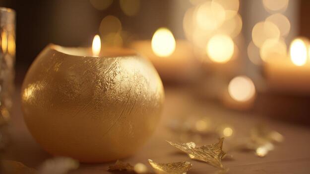 Golden candle illuminates warm space with soft glow and bokeh background photo