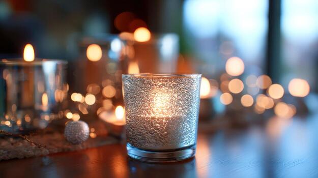 Lit candles in glass holders creating warm soft light with bokeh effect photo