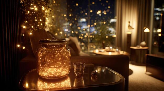 Jar of glowing lights in cozy interior with bokeh effect and dim lighting photo