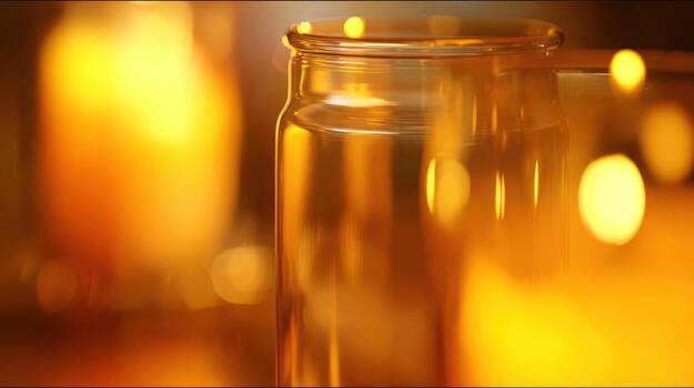 Glass jar detail against warm glowing lights background with bokeh photo