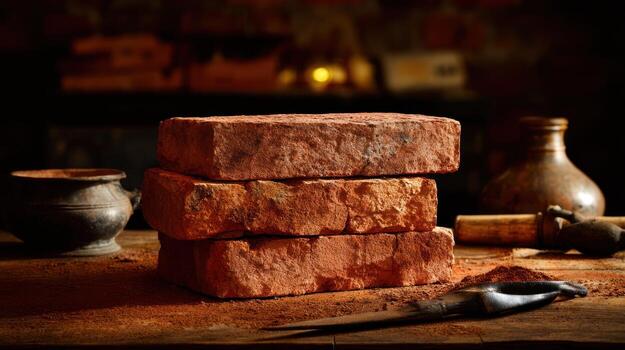 Stacked red bricks on wooden surface with background blur photo