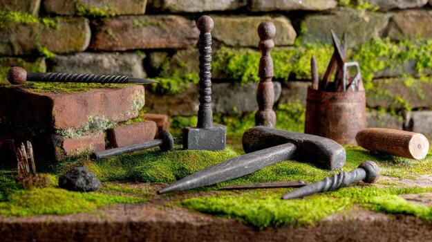 Blacksmith tools displayed on mossy surface with brick wall background photo