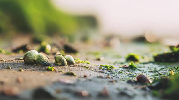 Close up of small objects resting on a sandy surface with water and vegetation photo