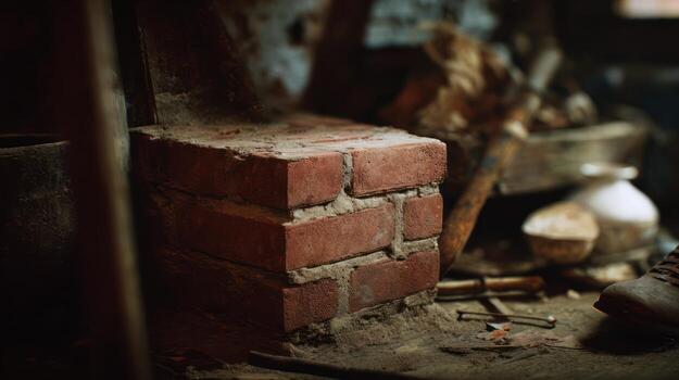Rustic brick structure in dimly lit interior with tools and textures photo