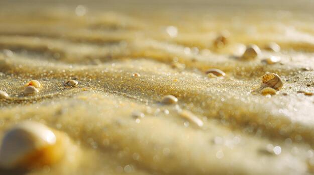 cerca arriba de dorado arena con conchas creando texturas y patrones foto
