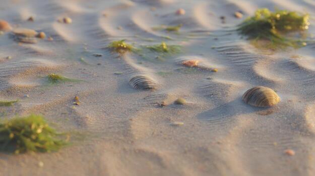 Close up of rippled sand with scattered rocks and green algae photo