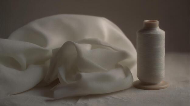 blanco tela y carrete de hilo en un ligero superficie con suave Encendiendo foto