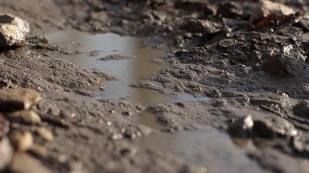 Close up of a muddy puddle with rocks reflecting light in natural environment photo