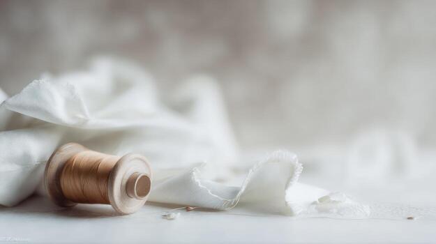 de madera carrete de hilo con cubierto blanco tela en contra un neutral antecedentes foto