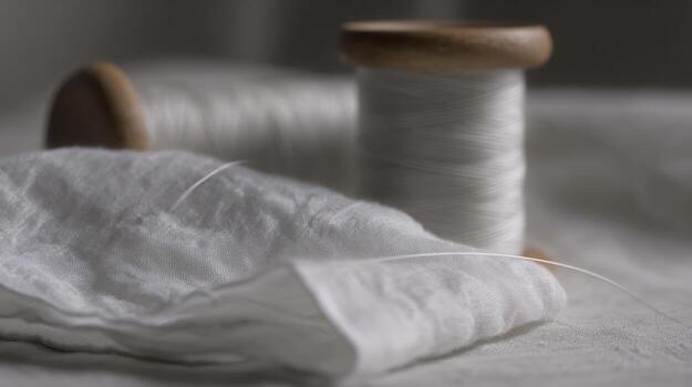 cerca arriba de blanco hilo carretes y lino tela en un neutral antecedentes foto