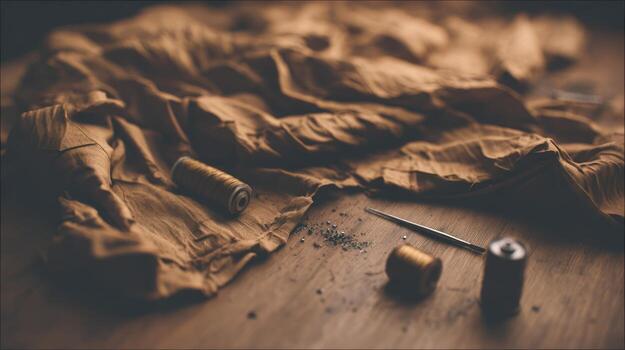 Fabric thread spools and needle on a wooden surface studio setup photo