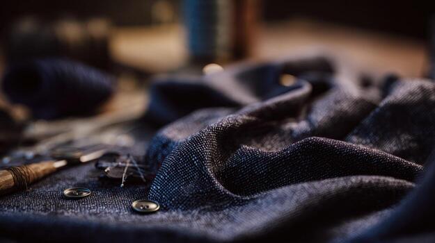 Close up of textured blue fabric with buttons and sewing tools photo