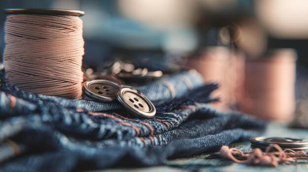 Close up view of sewing tools thread spools and buttons on fabric photo