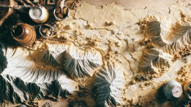 Abstract top view composition with various pottery vessels and sand textures photo