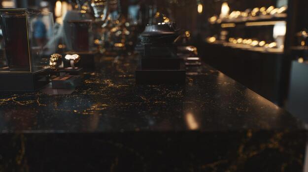 Close up view of a polished dark surface with blurred bar elements photo