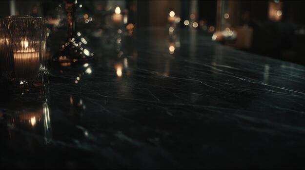 Elegant dimly lit tabletop with candlelight creating a soft romantic atmosphere photo