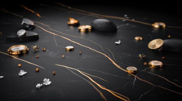 Elegant watch arrangement on black surface with gold accents and abstract pattern photo