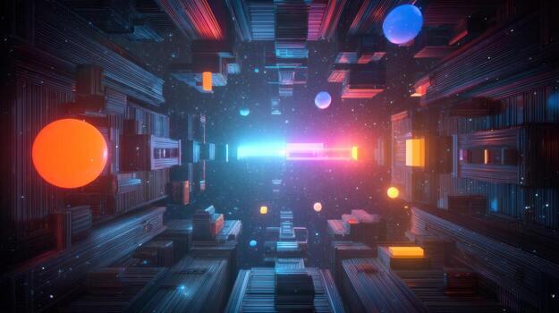 Abstract futuristic tunnel with neon lights and geometric shapes photo