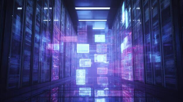 Data center interior with glowing screens and networked server racks photo
