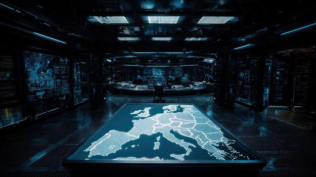 Modern command center interior with interactive map and data displays photo