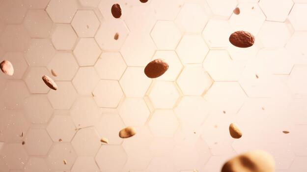 Floating almonds against abstract geometric background for healthy nutrition photo