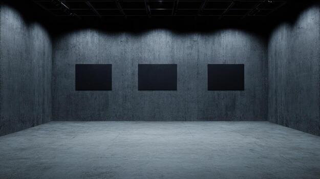 Minimalist gallery space with empty frames and concrete textured walls photo