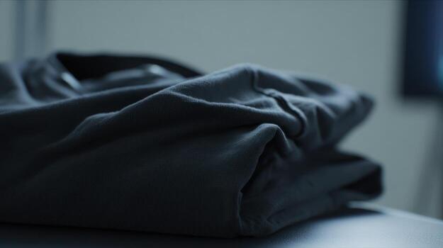 Folded gray sweatshirt on a table indoors with soft lighting photo