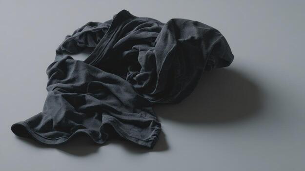 Dark crumpled fabric on gray surface with soft shadows and minimalist style photo
