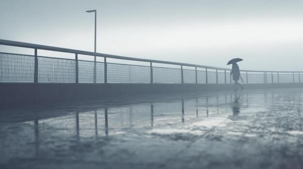 Person walking on a bridge in the rain with umbrella reflecting on water photo
