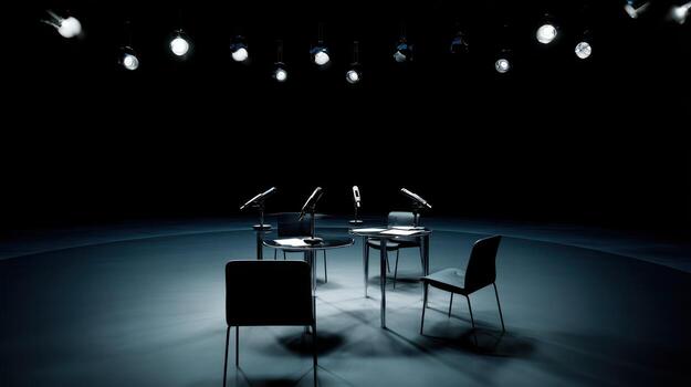 Minimalist arrangement of chairs and tables under dramatic lighting photo